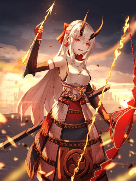 Anime picture 2400x3200 with fate (series) fate/grand order tomoe gozen (fate) foka (beginner) single long hair tall image looking at viewer fringe highres breasts open mouth hair between eyes red eyes standing holding payot sky silver hair cloud (clouds)