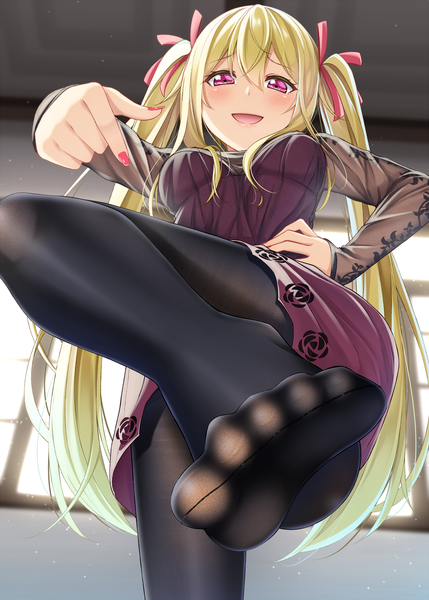 Anime picture 1300x1818 with original gurande (g-size) single long hair tall image blush fringe breasts open mouth light erotic blonde hair smile hair between eyes standing twintails payot indoors long sleeves nail polish :d