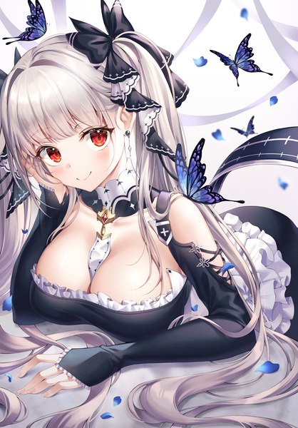 Anime picture 1500x2151 with azur lane formidable (azur lane) mellozzo single long hair tall image looking at viewer blush fringe breasts light erotic simple background smile red eyes large breasts twintails payot cleavage lying blunt bangs