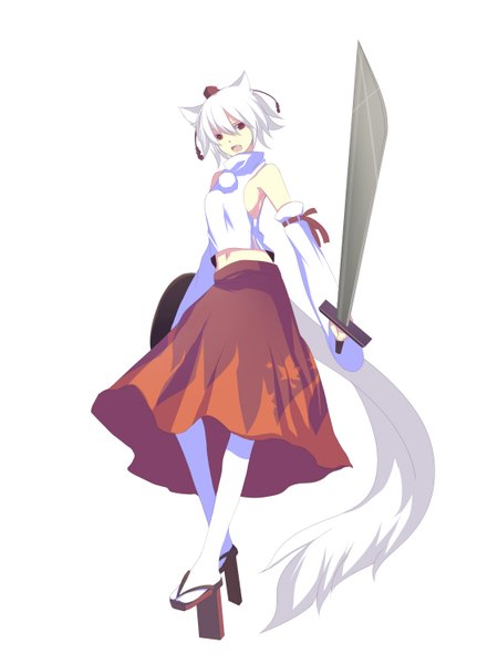 Anime picture 1125x1500 with touhou inubashiri momiji harano single tall image fringe short hair simple background hair between eyes red eyes white background full body white hair midriff wolf ears wolf tail girl thighhighs skirt hat