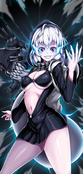 Anime picture 1748x3638 with kantai collection re-class battleship fuyu no usagi single tall image looking at viewer fringe highres short hair open mouth light erotic smile purple eyes white hair tail :d fingernails grin glowing glowing eye (eyes)