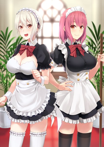 Anime picture 700x989 with shokugeki no soma j.c. staff nakiri alice arato hisako prime tall image looking at viewer blush short hair breasts open mouth light erotic red eyes multiple girls pink hair white hair maid girl thighhighs dress