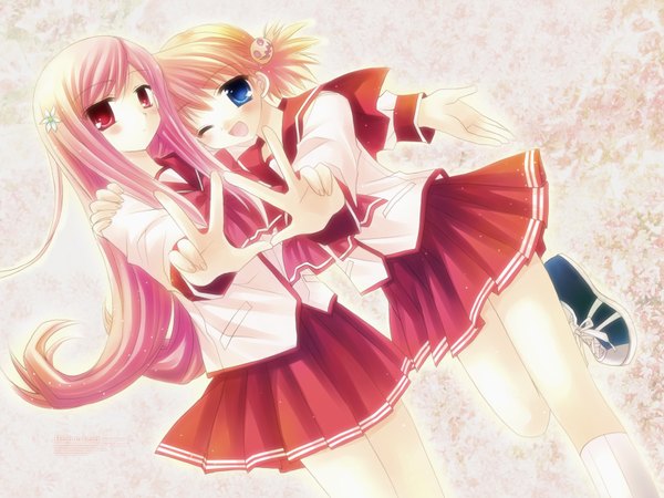 Anime picture 1600x1200 with to heart 2 leaf (studio) lucy maria misora sasamori karin sakurazawa izumi long hair looking at viewer short hair blue eyes blonde hair red eyes multiple girls pink hair pleated skirt one eye closed wink wallpaper hand on another's shoulder girl skirt