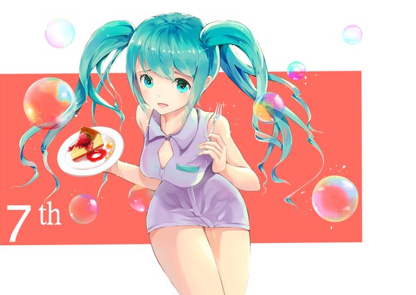 Anime picture 1346x956 with vocaloid hatsune miku mebin single long hair looking at viewer blush breasts open mouth blue eyes twintails holding blue hair girl uniform food sweets bubble (bubbles) cake fork