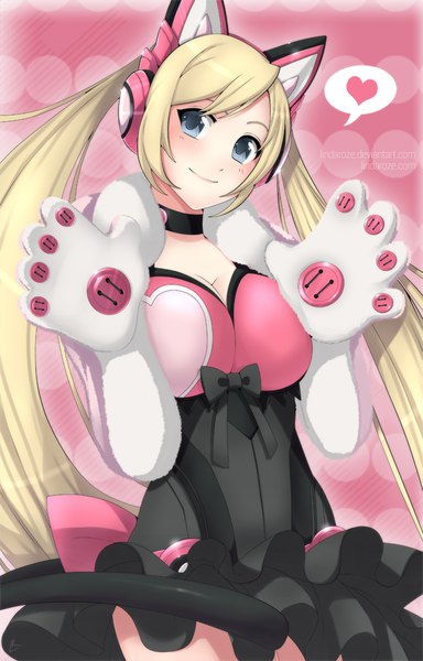 Anime picture 640x1000 with tekken tekken 7 namco (studio) lucky chloe alina pegova single long hair tall image looking at viewer blush breasts blue eyes blonde hair smile large breasts twintails signed animal ears cleavage tail