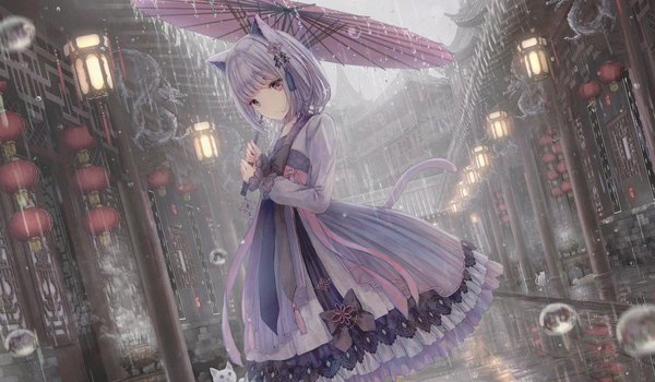 Anime picture 1984x1158 with original missle228 single looking at viewer fringe highres short hair wide image purple eyes holding animal ears outdoors tail blunt bangs traditional clothes head tilt animal tail grey hair cat ears cat girl