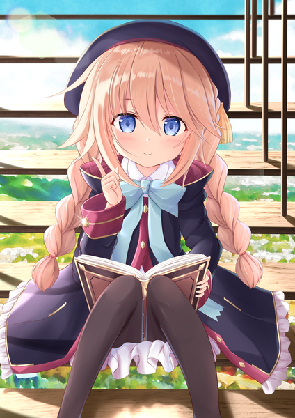 Anime picture 1447x2047 with princess connect! re:dive princess connect! yuni (princess connect!) regi (r regi) single long hair tall image looking at viewer fringe blue eyes blonde hair hair between eyes sitting braid (braids) light smile sparkle twin braids girl pantyhose black pantyhose