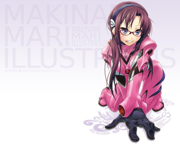 Anime picture 1280x1024 with neon genesis evangelion rebuild of evangelion evangelion: 2.0 you can (not) advance gainax makinami mari illustrious single long hair looking at viewer fringe blue eyes smile brown hair twintails kneeling girl gloves glasses hairband bodysuit