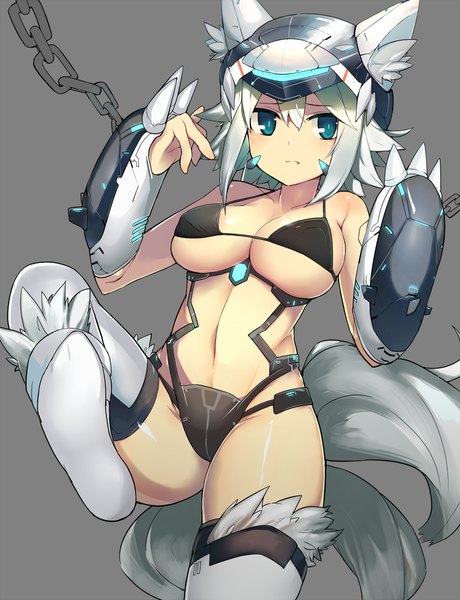 Anime picture 800x1043 with original arai seiryuu single tall image looking at viewer short hair breasts light erotic simple background animal ears white hair tail animal tail barefoot grey background girl navel swimsuit bikini chain