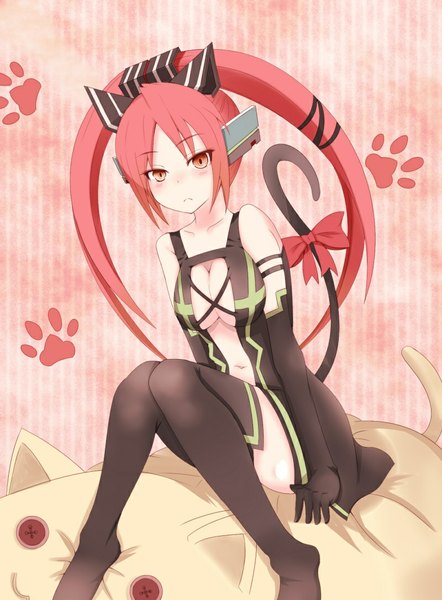 Anime picture 800x1086 with cosmic break mialy (cosmic break) single long hair tall image looking at viewer blush breasts light erotic red eyes bare shoulders animal ears pink hair tail animal tail cat ears cat girl cat tail girl thighhighs
