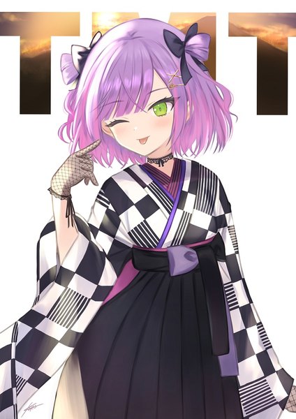 Anime picture 724x1024 with virtual youtuber hololive tokoyami towa tokoyami towa (2nd costume) kageno 96 single tall image short hair green eyes looking away purple hair traditional clothes japanese clothes one eye closed wink two side up official alternate costume alternate hairstyle alternate hair length girl