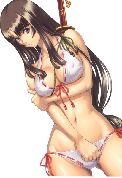 Anime picture 1753x2559 with queen's blade tomoe (queen's blade) eiwa single long hair tall image highres light erotic simple background brown hair white background purple eyes covered nipples ass visible through thighs girl navel swimsuit bikini sword katana