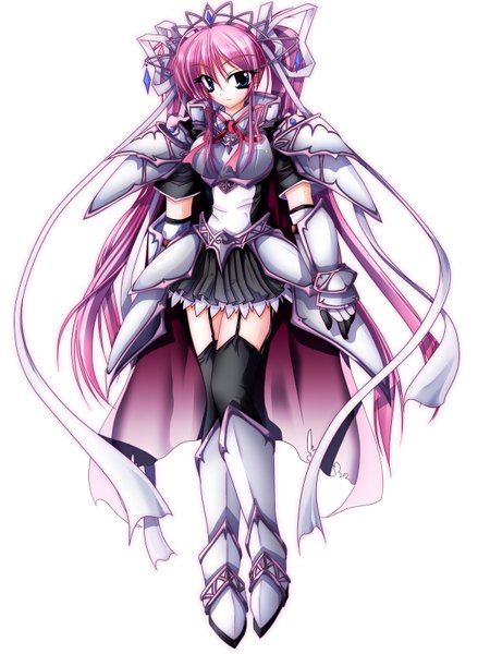 Anime picture 1200x1600 with yu-ri (noteism) single long hair tall image looking at viewer blue eyes simple background smile white background twintails pink hair girl thighhighs skirt ribbon (ribbons) black thighhighs hair ribbon miniskirt armor tiara