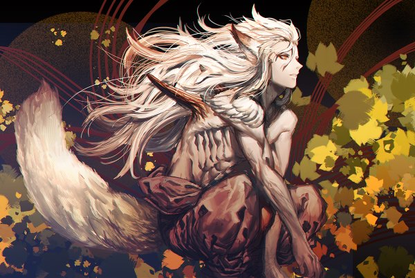 Anime picture 1200x804 with original kitunen (artist) single long hair animal ears yellow eyes tail parted lips profile lips squat muscle mutation boy wings