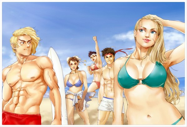 Anime picture 2950x2010 with street fighter capcom chun-li cammy white ryu (street fighter) kasugano sakura ken masters long hair highres short hair breasts open mouth blue eyes light erotic blonde hair smile brown hair large breasts bare shoulders multiple girls