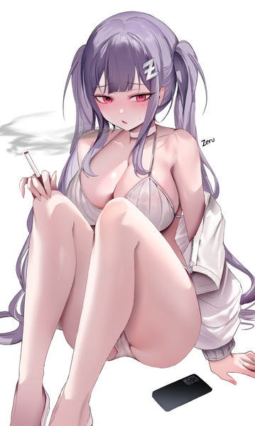 Anime picture 2989x5000 with original zerocat single long hair tall image looking at viewer fringe highres breasts open mouth light erotic simple background red eyes large breasts sitting twintails holding purple hair blunt bangs off shoulder