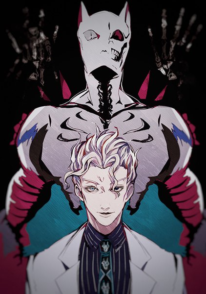 Anime picture 600x852 with jojo no kimyou na bouken kira yoshikage killer queen mizudama tall image looking at viewer short hair upper body white hair heterochromia black background stand (jojo) boy shirt necktie striped shirt