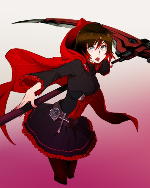 Anime picture 900x1126 with rwby rooster teeth ruby rose feguimel single tall image fringe short hair open mouth hair between eyes brown hair looking away red hair long sleeves multicolored hair wide sleeves leaning gradient background gradient hair spread arms