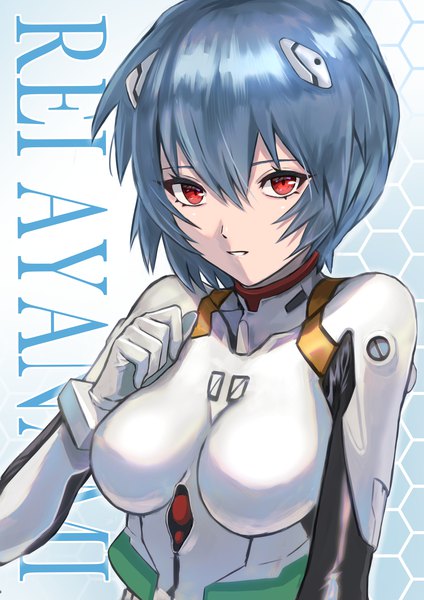 Anime picture 1447x2047 with neon genesis evangelion gainax ayanami rei acchom zatta single tall image looking at viewer fringe short hair hair between eyes red eyes blue hair upper body character names girl bodysuit pilot suit
