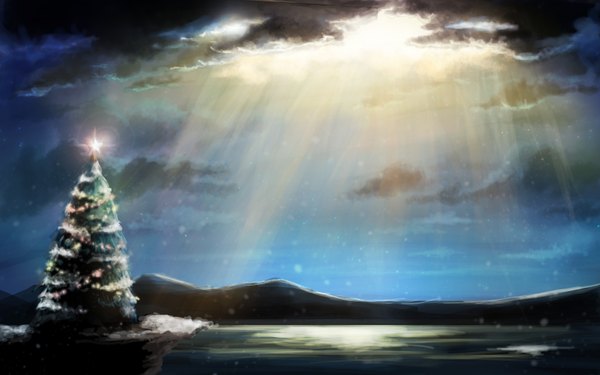 Anime picture 1680x1050 with original yun laurant wide image cloud (clouds) sunlight horizon mountain no people landscape christmas tree