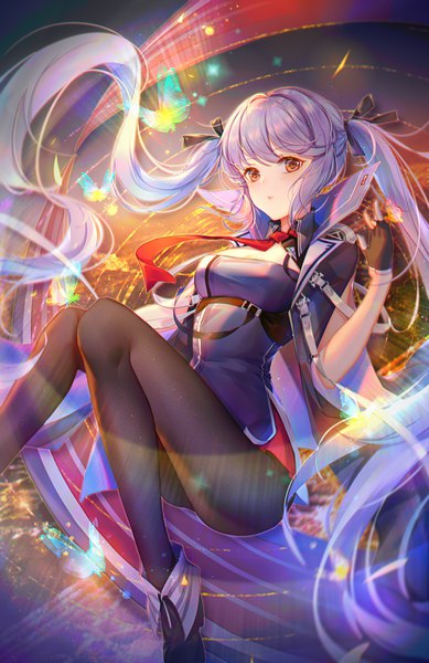 Anime picture 2728x4210 with azur lane essex (azur lane) irisrey single tall image looking at viewer blush fringe highres breasts light erotic twintails payot purple hair full body bent knee (knees) very long hair arm up orange eyes floating hair