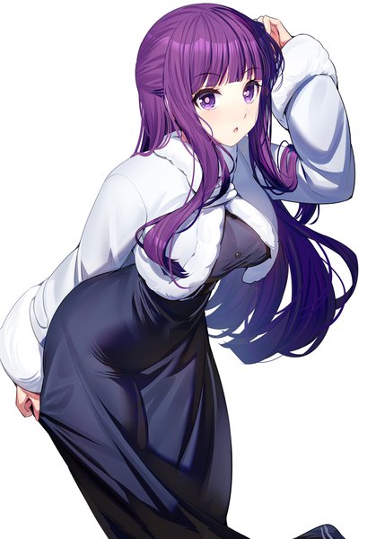 Anime picture 1000x1431 with sousou no frieren fern (sousou no frieren) ririko (zhuoyandesailaer) single long hair tall image fringe simple background white background purple eyes purple hair blunt bangs arm up leaning leaning forward hand on head girl dress black dress