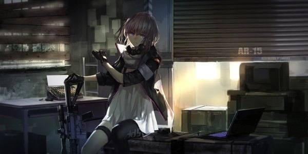 Anime picture 1913x957 with girls frontline st ar-15 (girls frontline) ar-15 (girls frontline) swd3e2 single long hair looking at viewer fringe highres blue eyes wide image sitting holding signed indoors head tilt arm up grey hair sunlight open clothes