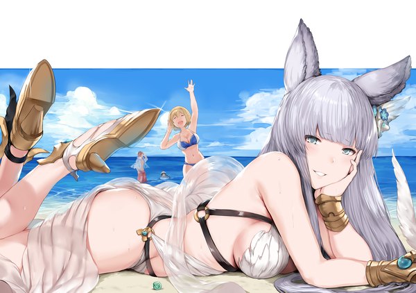 Anime picture 7874x5543 with granblue fantasy gita (granblue fantasy) korwa (granblue fantasy) percival (granblue fantasy) lunalu (granblue fantasy) hews long hair blush fringe highres short hair breasts open mouth light erotic blonde hair smile large breasts multiple girls animal ears looking away