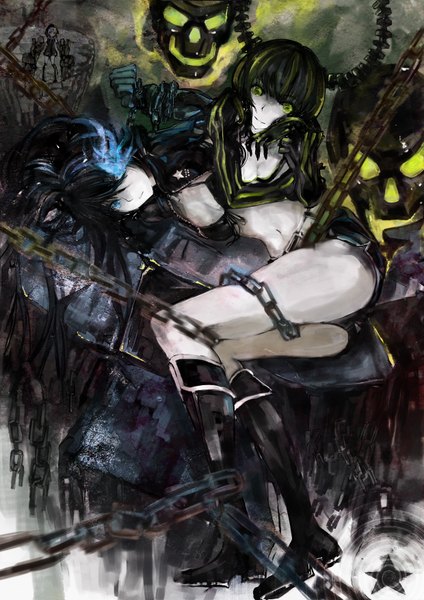 Anime picture 2480x3508 with black rock shooter black rock shooter (character) dead master strength (black rock shooter) canking long hair tall image highres short hair blue eyes light erotic black hair smile twintails multiple girls green eyes horn (horns) glowing scar glowing eye (eyes)