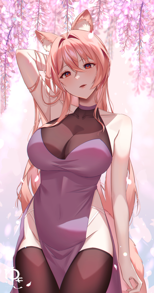 Anime picture 2630x4997 with original yuki (o2) single long hair tall image blush fringe highres breasts open mouth light erotic hair between eyes red eyes large breasts standing signed animal ears pink hair outdoors tail