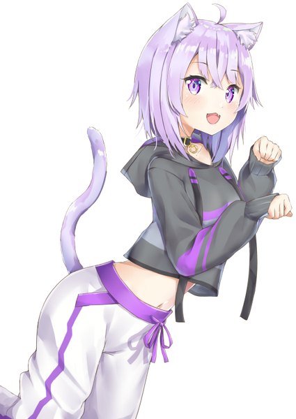 Anime picture 1062x1500 with virtual youtuber hololive nekomata okayu nekomata okayu (1st costume) fuji noyume single tall image looking at viewer blush fringe open mouth simple background smile hair between eyes standing white background purple eyes animal ears purple hair ahoge