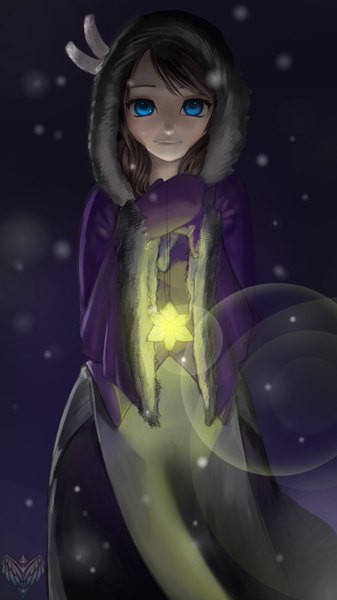 Anime picture 2160x3840 with original forgotten-wings single long hair tall image looking at viewer highres blue eyes black hair winter girl hood winter clothes
