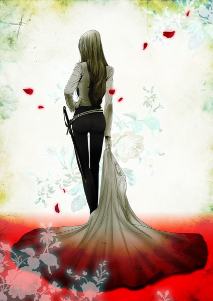 Anime picture 901x1276 with hellsing integra wingates hellsing solid&etc single long hair tall image blonde hair hand on hip back no face girl flower (flowers) weapon petals sword cloak sheath