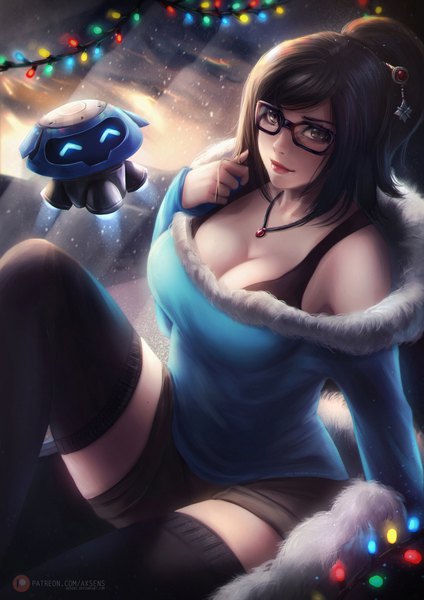 Anime-Bild 2120x3000 mit overwatch blizzard entertainment mei (overwatch) snowball (overwatch) axsen single tall image looking at viewer fringe highres short hair breasts light erotic brown hair large breasts sitting brown eyes cleavage ponytail realistic