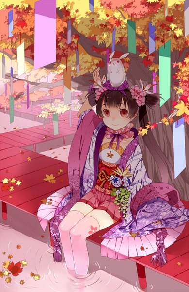 Anime picture 1000x1536 with original newrein (artist) single long hair tall image looking at viewer smile red eyes brown hair sitting twintails japanese clothes hair flower autumn :< animal on head girl thighhighs hair ornament plant (plants)