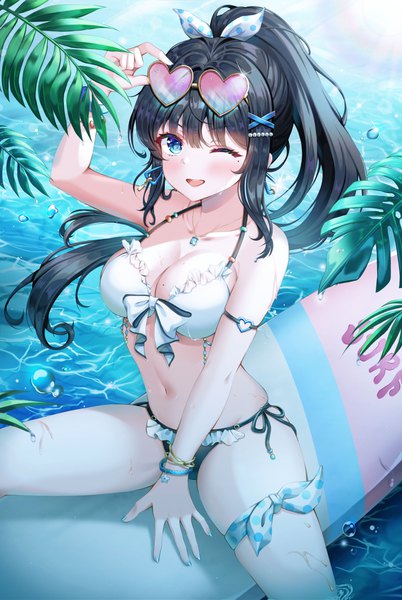 Anime-Bild 2545x3794 mit original wol (wol 927) single long hair tall image looking at viewer blush fringe highres breasts open mouth blue eyes light erotic black hair smile large breasts sitting payot cleavage outdoors