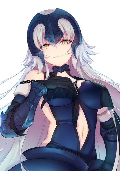 Anime picture 2480x3507 with fate (series) fate/grand order fate/apocrypha jeanne d'arc (fate) (all) jeanne d'arc alter (fate) jeanne d'arc alter (avenger) (third ascension) (fate) wukloo single long hair tall image looking at viewer highres light erotic simple background smile white background bare shoulders yellow eyes silver hair upper body