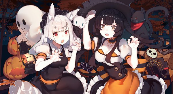 Anime picture 1954x1063 with original rain lan long hair looking at viewer fringe highres open mouth black hair red eyes wide image multiple girls yellow eyes outdoors white hair :o short sleeves puffy sleeves halloween pale skin ghost