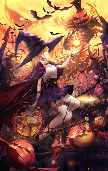 Anime picture 900x1420 with original limit x single long hair tall image fringe blonde hair smile hair between eyes red eyes holding looking away full body profile pleated skirt blurry floating hair halloween witch broom riding