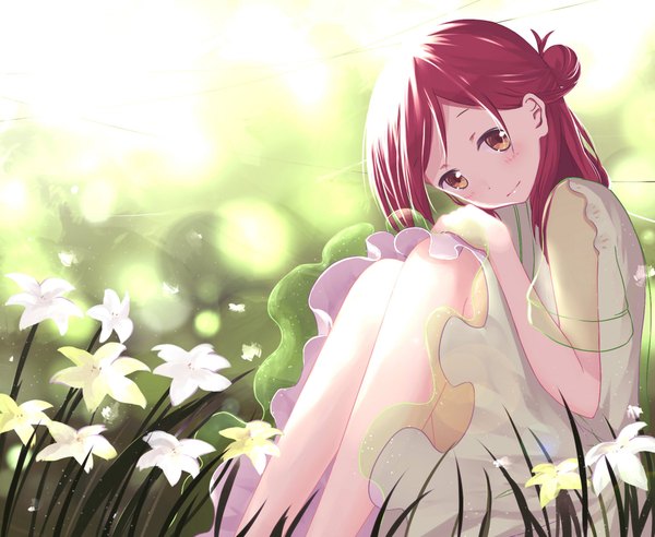 Anime picture 1968x1617 with isshuukan friends brains base (studio) fujimiya kaori gkn levi single blush fringe highres short hair smile sitting brown eyes looking away red hair light smile hair bun (hair buns) alternate costume legs flying girl