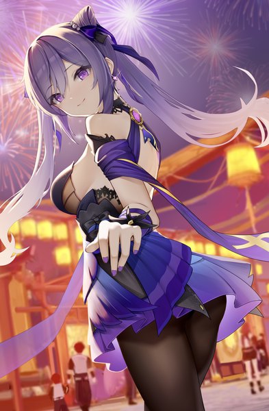 Anime picture 1952x2980 with genshin impact keqing (genshin impact) keqing (opulent splendor) (genshin impact) terebi (shimizu1996) long hair tall image looking at viewer fringe highres breasts light erotic smile standing purple eyes twintails bare shoulders multiple girls payot purple hair outdoors
