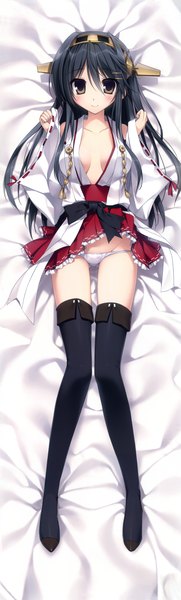 Anime picture 2228x7358 with kantai collection haruna battleship karory single long hair tall image looking at viewer blush highres light erotic black hair brown eyes traditional clothes girl thighhighs hair ornament underwear panties black thighhighs