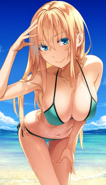 Anime picture 886x1542 with original kimura (ykimu) single long hair tall image looking at viewer blush fringe breasts blue eyes light erotic blonde hair smile hair between eyes large breasts standing bare shoulders payot sky cleavage