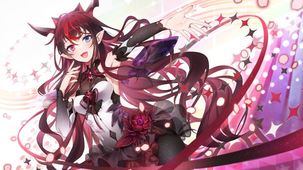 Anime picture 1651x929 with virtual youtuber hololive hololive english irys (hololive) a20 (atsumaru) single long hair looking at viewer fringe open mouth hair between eyes wide image red hair :d horn (horns) pointy ears armpit (armpits) heterochromia outstretched arm girl