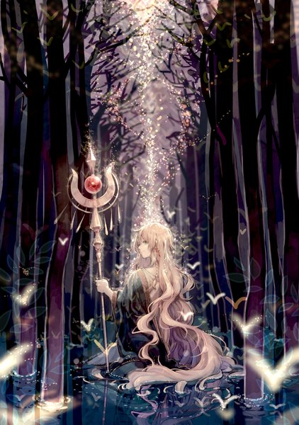 Anime picture 3200x4550 with magi the labyrinth of magic a-1 pictures titus alexius sonomura single tall image looking at viewer highres blonde hair smile green eyes absurdres braid (braids) very long hair looking back single braid reflection bare tree boy plant (plants)
