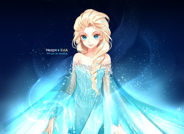 Anime picture 1200x879 with frozen (disney) disney elsa (frozen) nardack single long hair looking at viewer blue eyes simple background blonde hair smile bare shoulders blue background girl dress