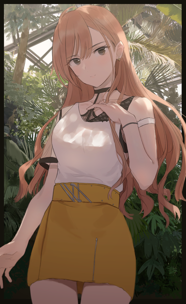 Anime picture 962x1566 with idolmaster idolmaster shiny colors arisugawa natsuha mxwbr single long hair tall image blush fringe hair between eyes brown hair standing brown eyes indoors head tilt arm up short sleeves hand on chest asymmetrical clothes girl