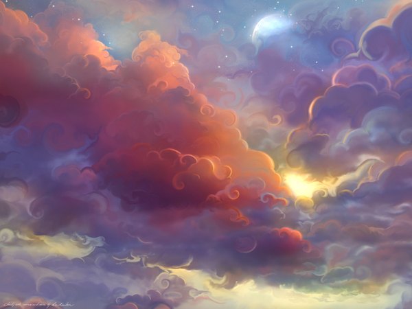 Anime-Bild 1920x1440 mit original tagme (artist) highres sky cloud (clouds) no people morning sunrise moon star (stars) sun