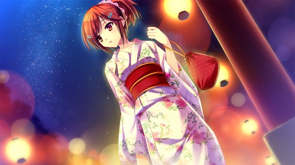 Аниме картинка 1280x720 с suika niritsu (game) короткие волосы красные глаза широкое изображение game cg японская одежда оранжевые волосы девушка кимоно