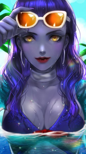 Anime picture 540x960 with overwatch blizzard entertainment widowmaker (overwatch) cote d'azur widowmaker husky (user ckra4535) single long hair tall image looking at viewer breasts light erotic large breasts yellow eyes sky upper body outdoors nail polish sparkle wet lipstick